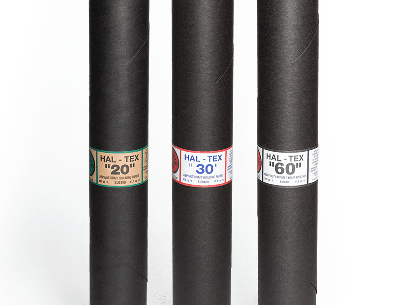 Three upright rolls of HAL-TEX asphalt-kraft building paper in 20, 30 and 60 minute grades.