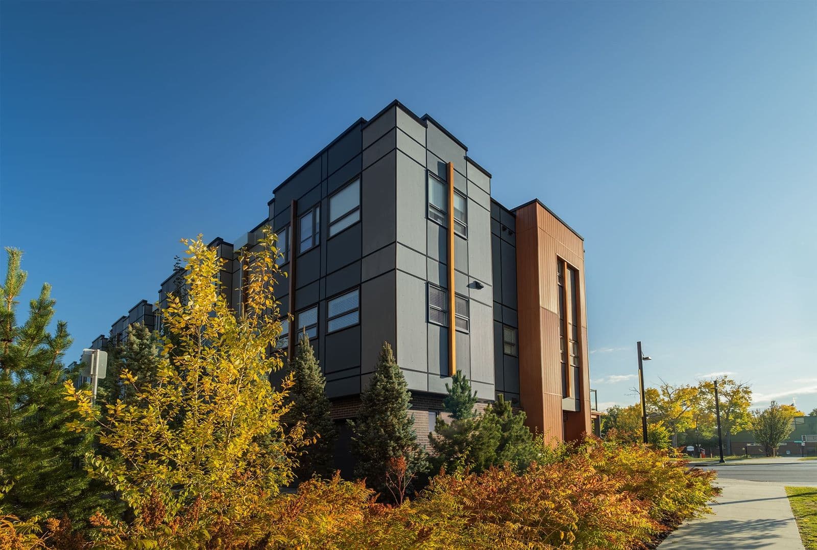 Modern grey townhome corner with a wood-toned vertical panel accent and visible aluminum trim reveal lines.