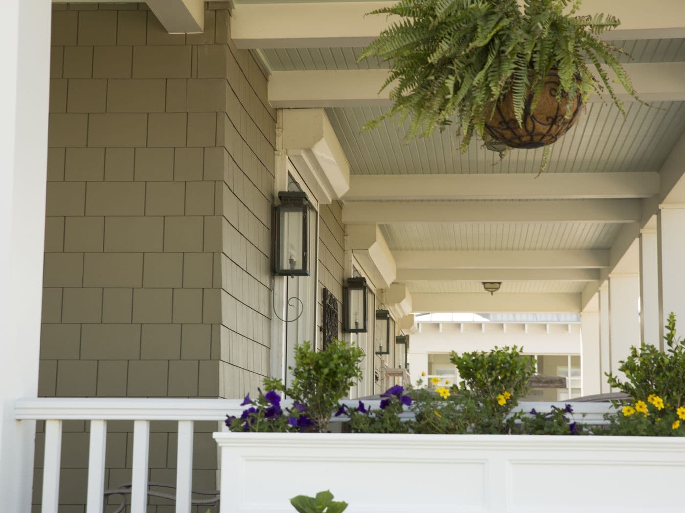 Craftsman porch with sage-green coursed shingle siding on the wall and column pier, a hanging fern basket, and wall-mounted lanterns.
