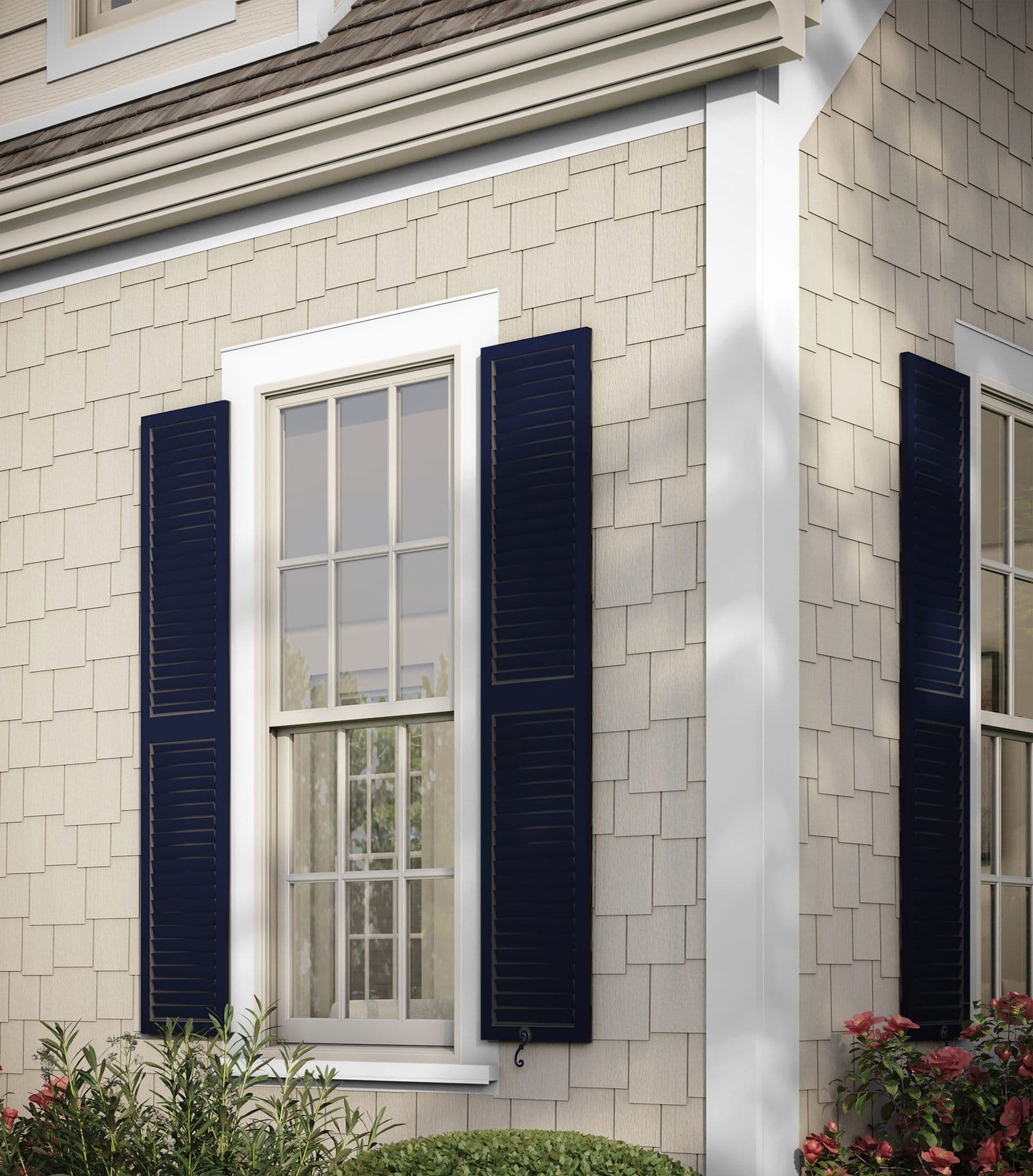 Rendering of a home corner and window trimmed in white HardieTrim boards against shake-texture Hardie siding.