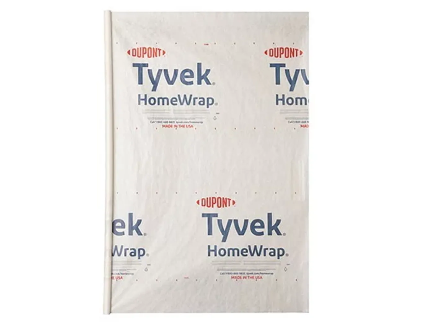Close-up of white DuPont Tyvek HomeWrap material printed with the Tyvek HomeWrap wordmark.