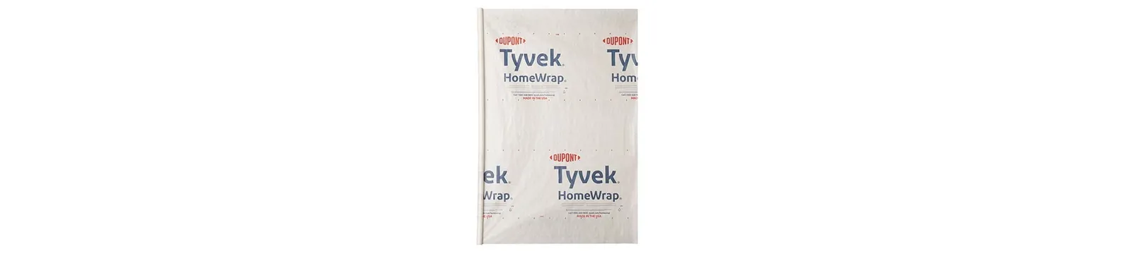 Close-up of white DuPont Tyvek HomeWrap material printed with the Tyvek HomeWrap wordmark.