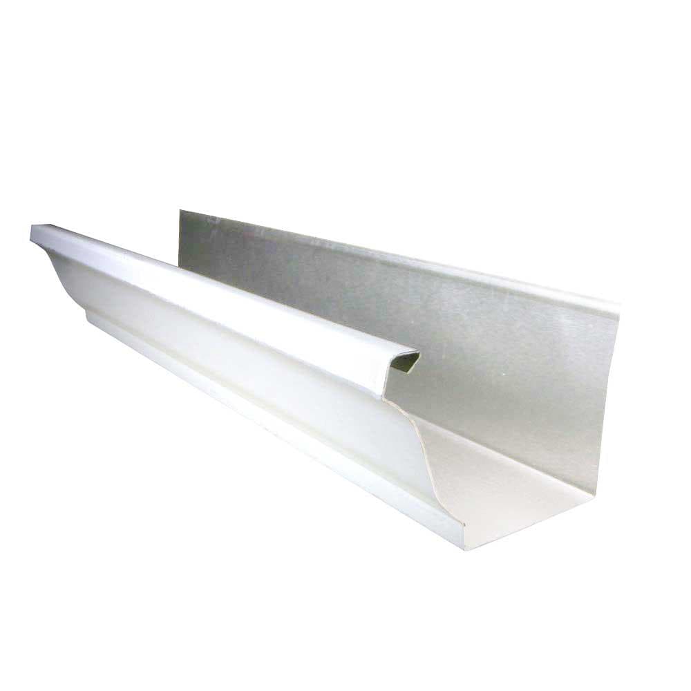 Section of white K-style aluminum gutter showing the ogee face profile and box channel.
