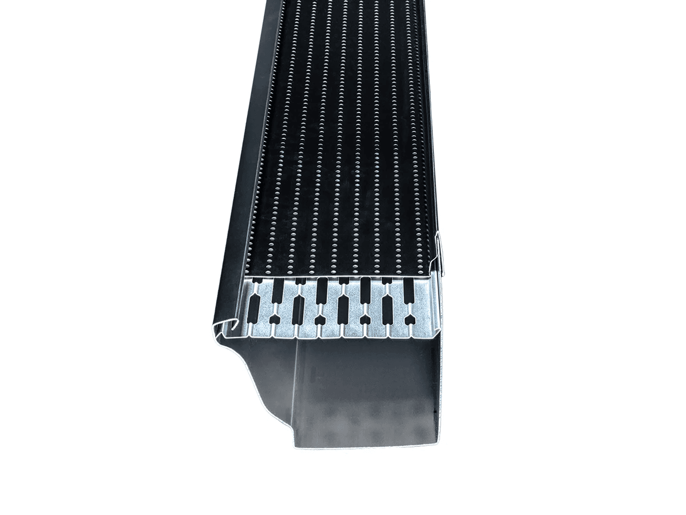Studio photo of a black perforated aluminum gutter cover with a galvanized mounting bracket, angled to show the perforation pattern and gutter profile.