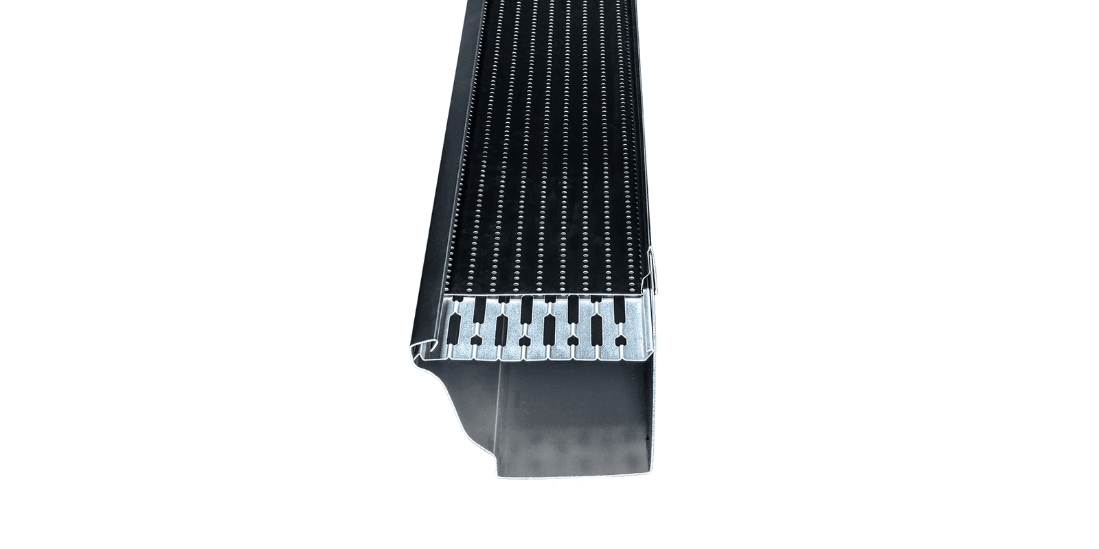 Studio photo of a black perforated aluminum gutter cover with a galvanized mounting bracket, angled to show the perforation pattern and gutter profile.
