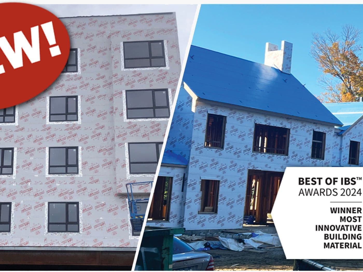 Protecto Wall VP vapour-permeable membrane wrapped on a mid-rise building and a residential build under construction.