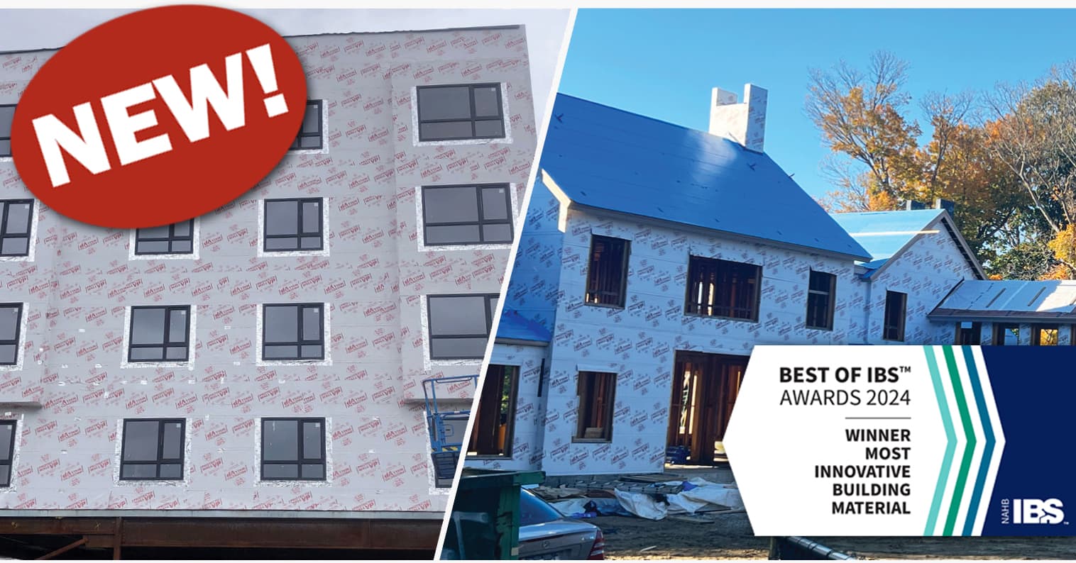 Protecto Wall VP vapour-permeable membrane wrapped on a mid-rise building and a residential build under construction.
