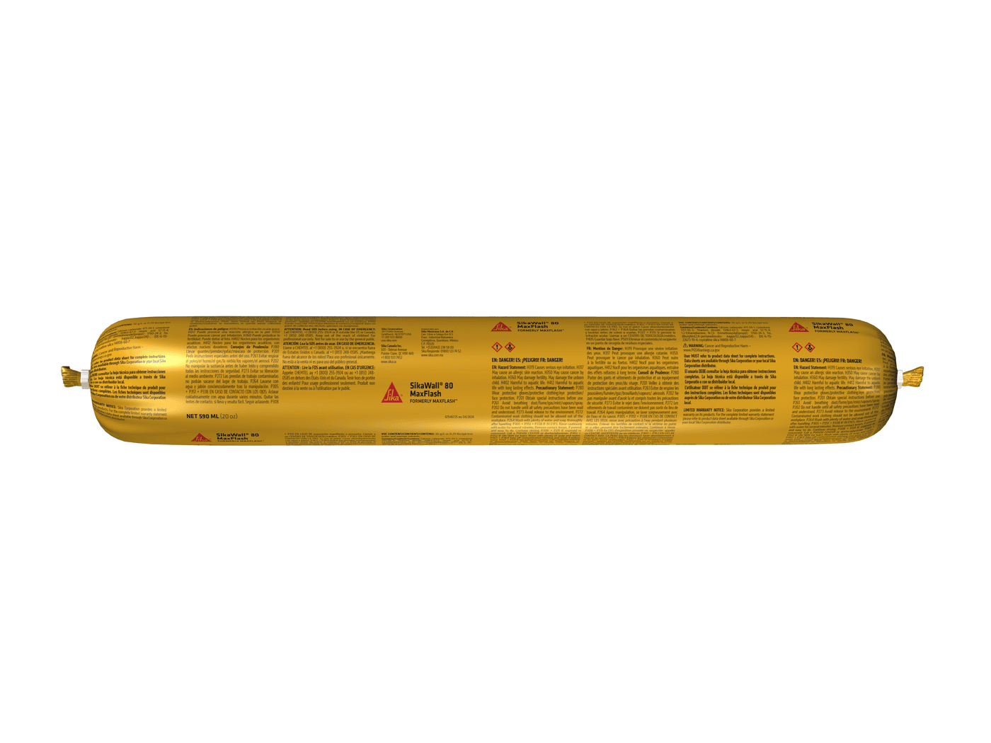 A gold foil sausage tube of SikaWall-80 MaxFlash liquid flashing membrane.