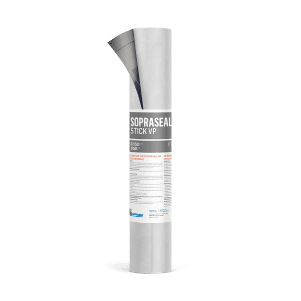 Roll of SOPRASEAL STICK VP self-adhered vapour-permeable air barrier membrane, standing upright with the label facing out.