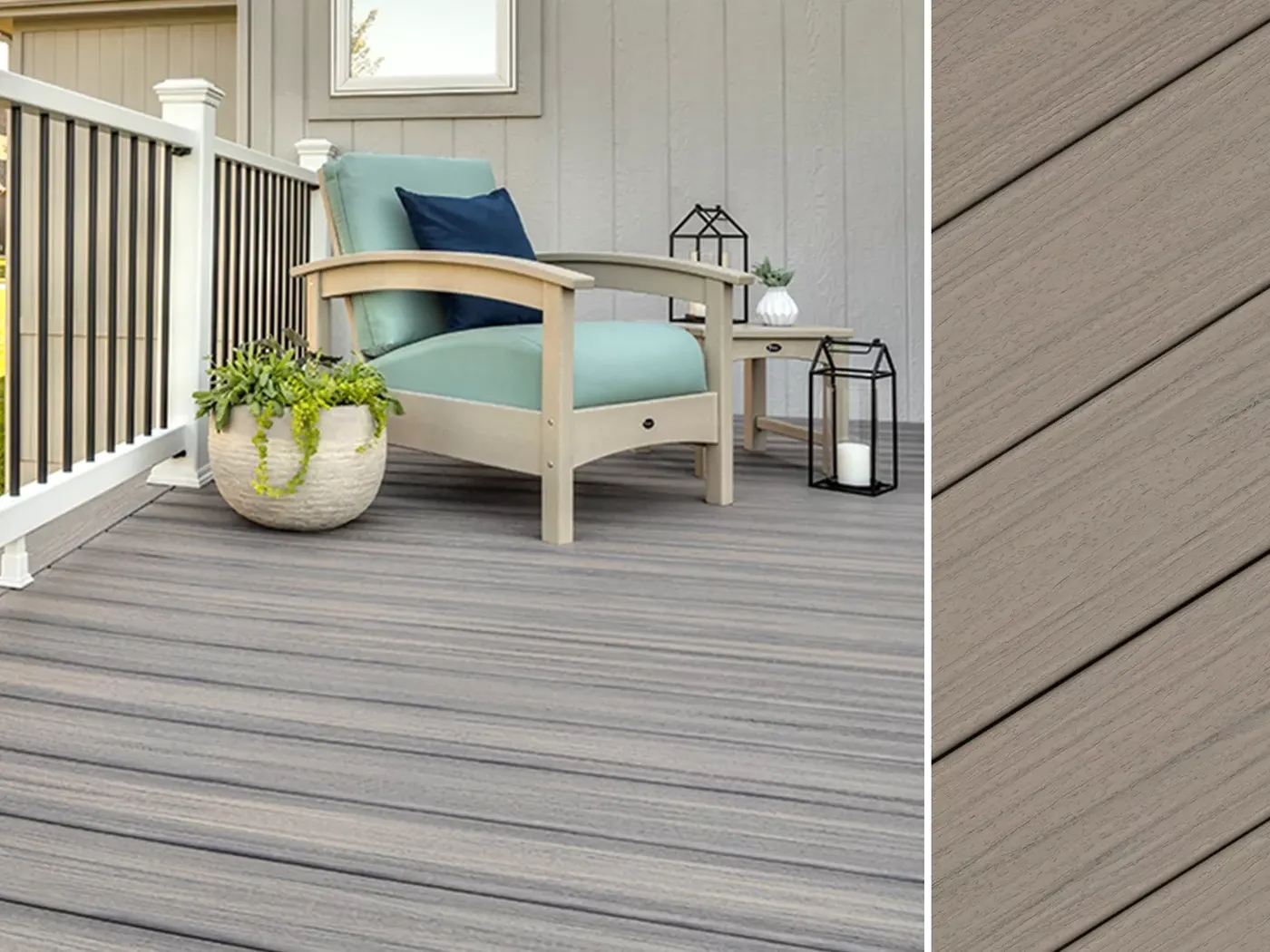 Grey-brown composite deck boards on a covered porch with a light blue armchair, black-and-white railing, and a potted plant, beside a close-up of the board grain.