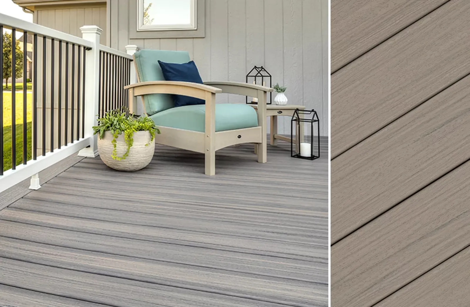 Grey-brown composite deck boards on a covered porch with a light blue armchair, black-and-white railing, and a potted plant, beside a close-up of the board grain.