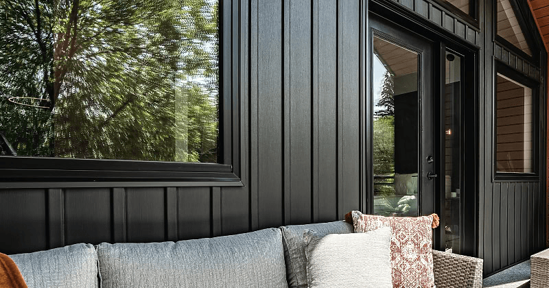 Mitten Sentry board and batten vertical vinyl siding panel in Rockaway Grey.